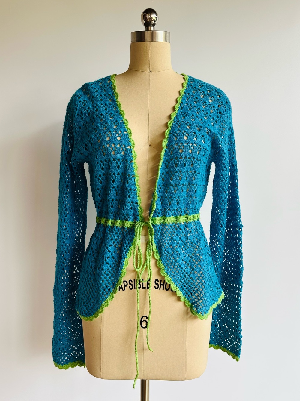 Saint Tropez West Crochet Cardigan Sweater Blue Green Boho Tie Front Y2K Top